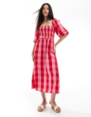 New Look - Kariertes, langärmliges Midikleid in Rosa