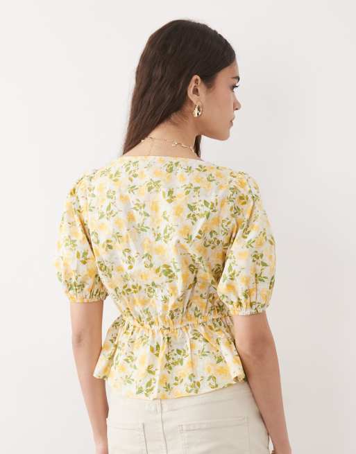 New Look – Kastiges Oberteil in Gelb mit Blumenmuster und V-Ausschnitt, 4 von 4