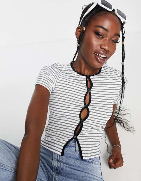 New Look keyhole crop top in black and white stripe - view 1