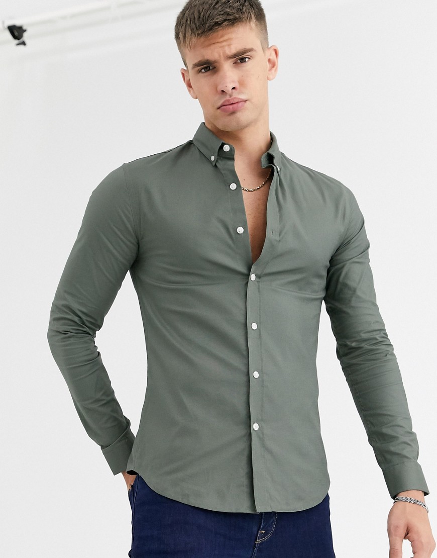 New Look – Khaki oxfordskjorta med muscle fit-passform-Grön