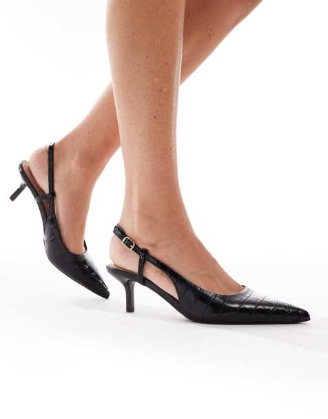 New Look kitten slingback heeled shoes in black croc - view 1