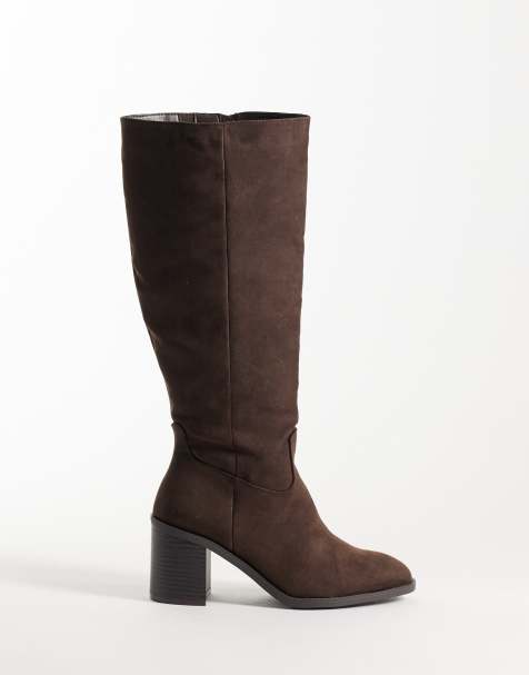 New Look knee high faux suede heeled boot in dark brown - view 1