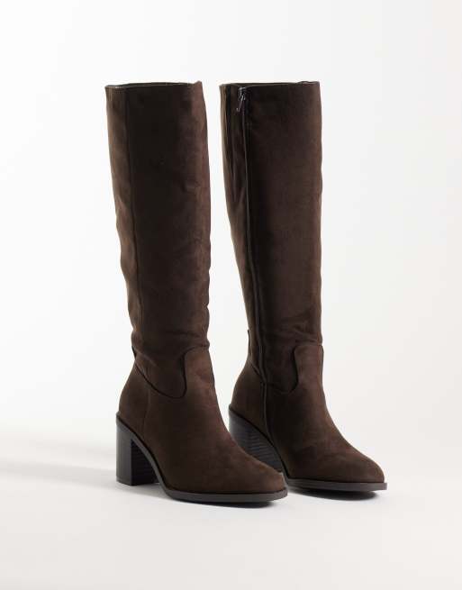 New Look knee high faux suede heeled boot in dark brown, 2 of 4