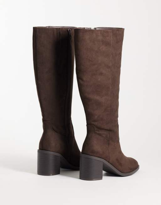 New Look knee high faux suede heeled boot in dark brown, 4 of 4