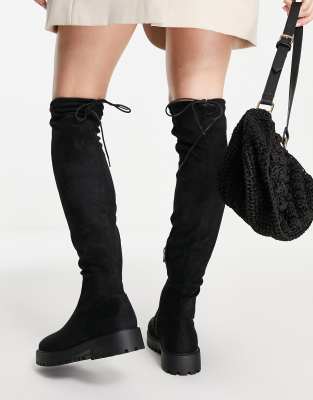 black suede boots flat knee high
