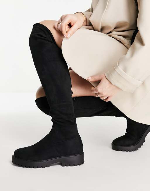 New Look knee high flat boots in black faux suede