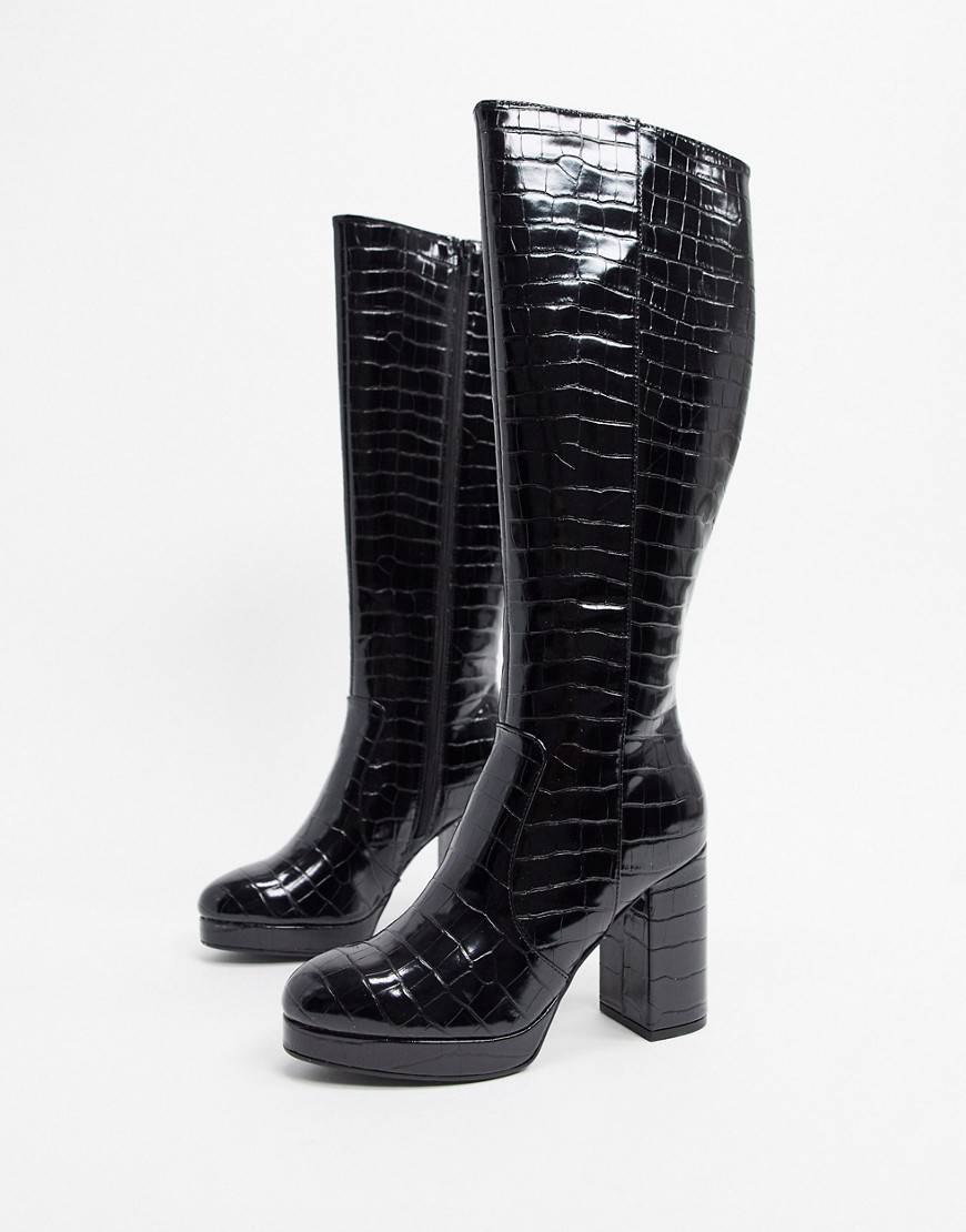 New Look knee high heeled platform boots in black croc