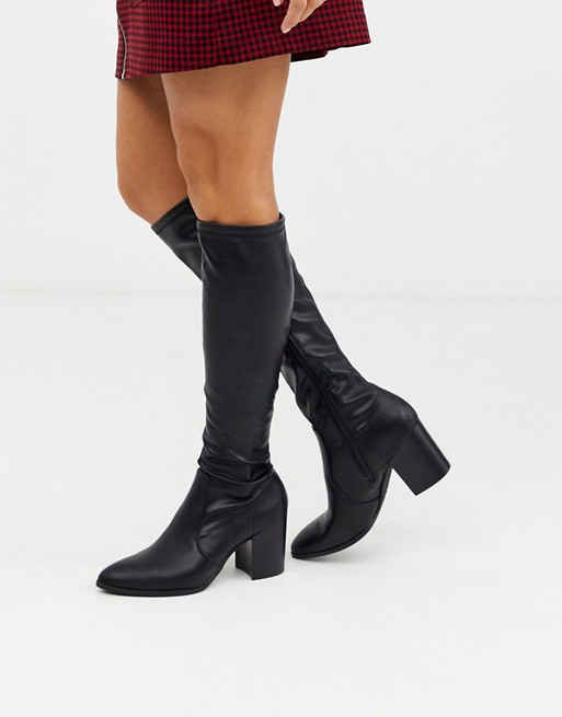 New Look knee high leather look heeled boots in black