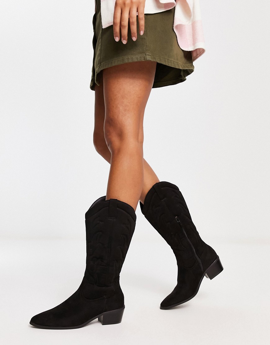 New Look knee high western boots in black suedette