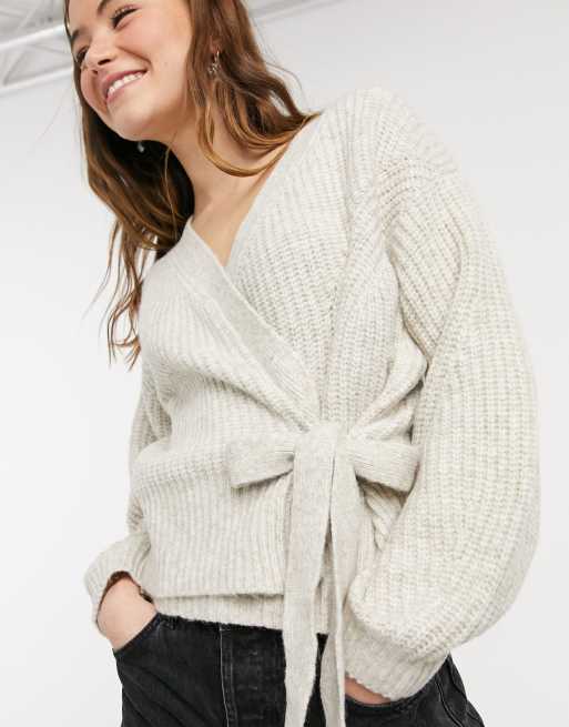 Collared Self-Tie Wrap Waffle Knit Cardigan in Ivory - Retro