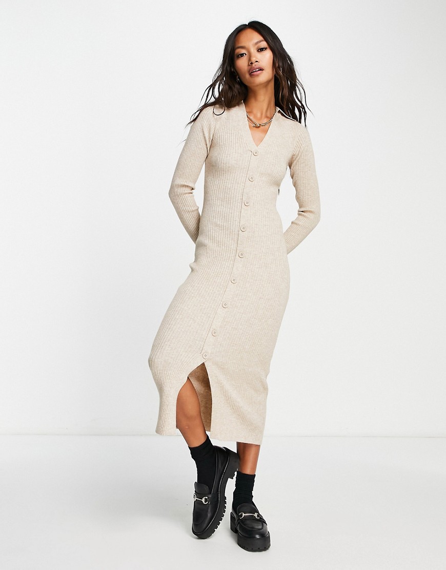 New Look knit button front polo midi dress in oatmeal-Neutral
