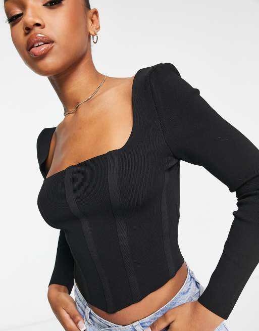 Black Ribbed Knit Long Sleeve Corset Top