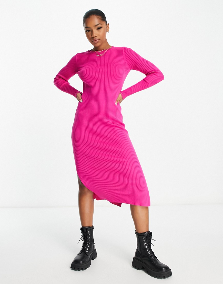 New Look knit crew neck ribbed midi dress in bright pink