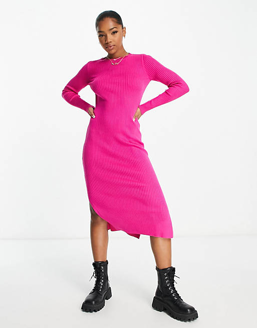 New Look knit crew neck ribbed midi dress in bright pink | ASOS