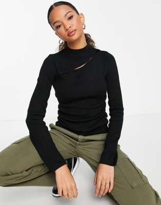 New Look Knit Cut-out Crew Neck Long Sleeve Top In Black