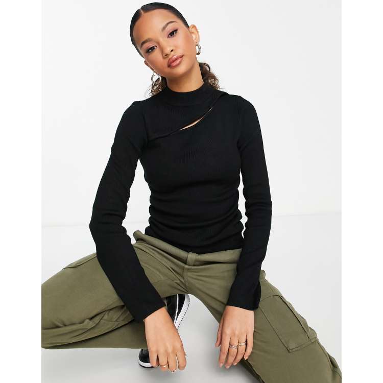 New Look knit cut-out crew neck long sleeve top in black