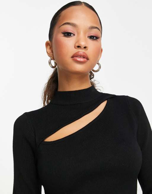 New Look knit cut-out crew neck long sleeve top in black