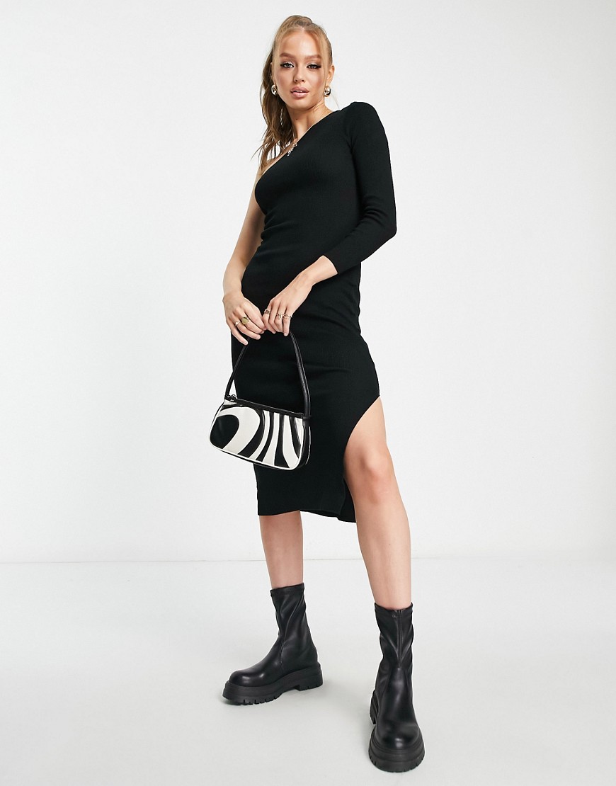 New Look Knit One Shoulder Midi Dress In Black