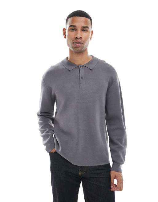 New Look knit polo sweater in mid gray