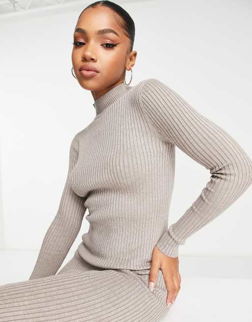 Grey Roll Neck Rib Knitted Sweater Dress