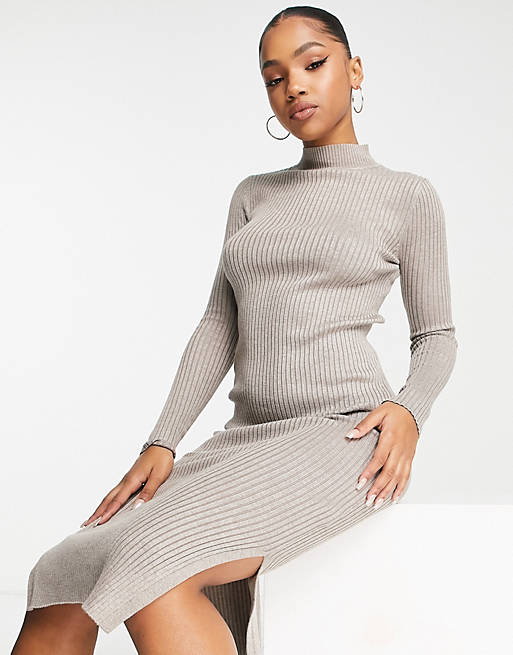 New Look knit ribbed dress in mink