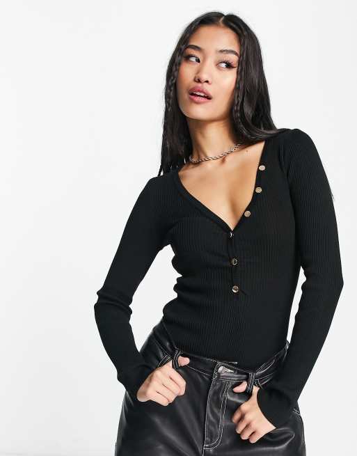 Women's V Neck Knitted Bodysuit Long Sleeve Knitted Sexy Bodysuit Buttons  Bodycon Bodysuit Tops