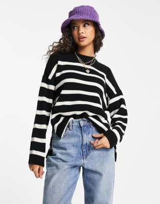 New Look Knit Striped Crew Neck Sweater With Side Slit Detail In Black