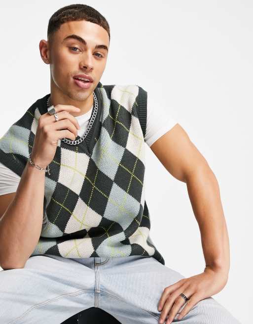 New Look knitted argyle patten vest in multi ASOS