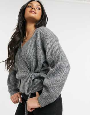 New Look knitted ballet wrap cardigan with tie in gray-Grey