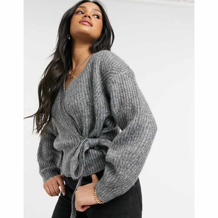 New Look knitted ballet wrap cardigan with tie in grey | ASOS