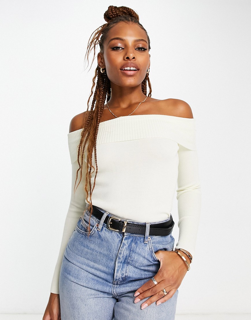 New Look knitted bardot jumper in cream-White