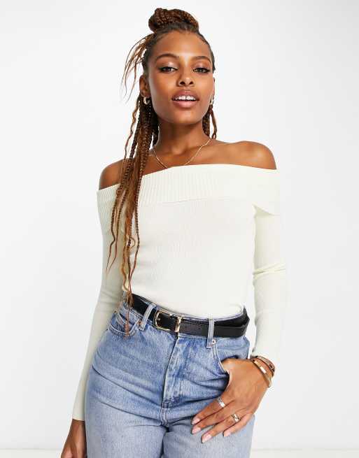 Shape White Mesh Foldover Bardot Long Sleeve Top