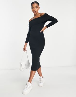 knitted bardot midi dress in black