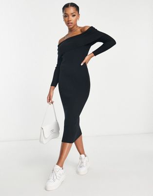 New Look knitted bardot midi dress in black | ASOS