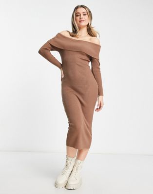 New Look Knitted Bardot Midi Dress In Tan-brown