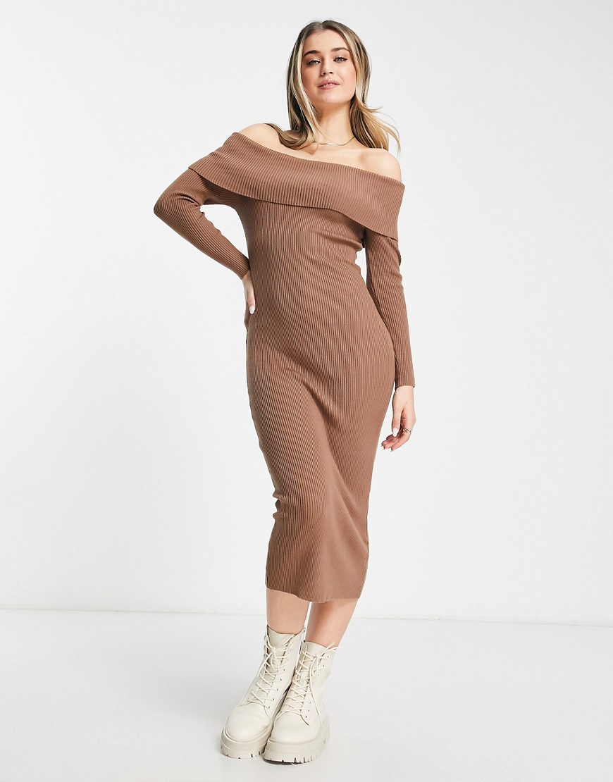 New Look knitted bardot midi dress in tan-Brown