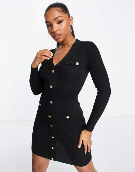 New Look knitted button down dress in black