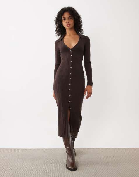 New Look knitted button down midi dress in dark brown - view 1