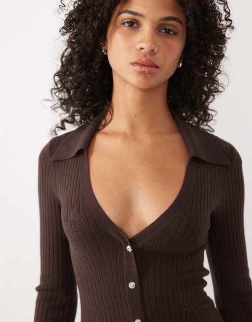New Look knitted button down midi dress in dark brown, 2 of 4