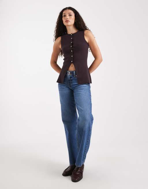 New Look knitted button down waistcoat in purple, 2 of 4