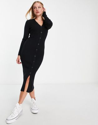 New Look knitted button front polo midi dress in black