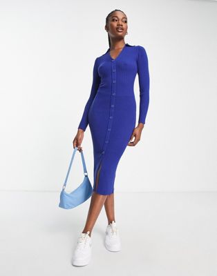 New Look knitted button front polo midi dress in blue