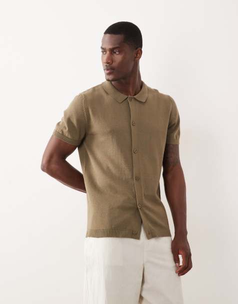 New Look knitted button through polo top in khaki - view 1