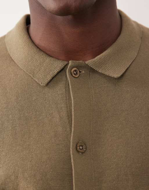 New Look knitted button through polo top in khaki, 3 of 5