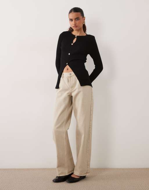 New Look knitted button through top with shoulder pad detail in black, 2 of 4