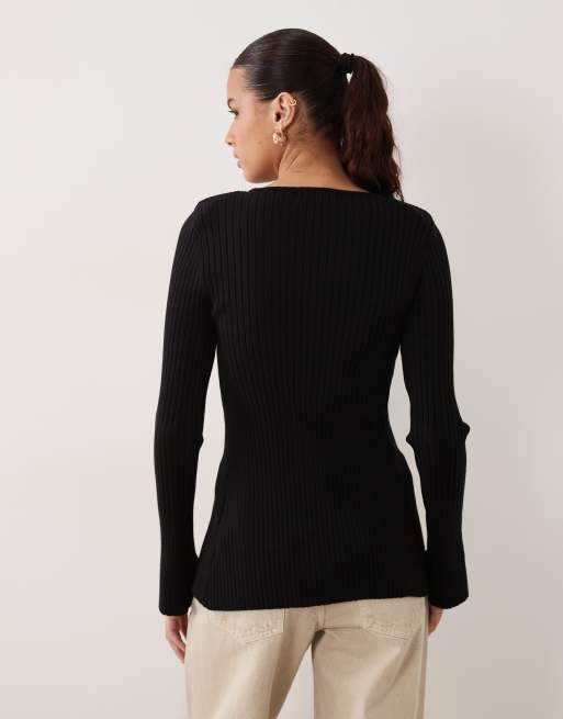 New Look knitted button through top with shoulder pad detail in black, 4 of 4