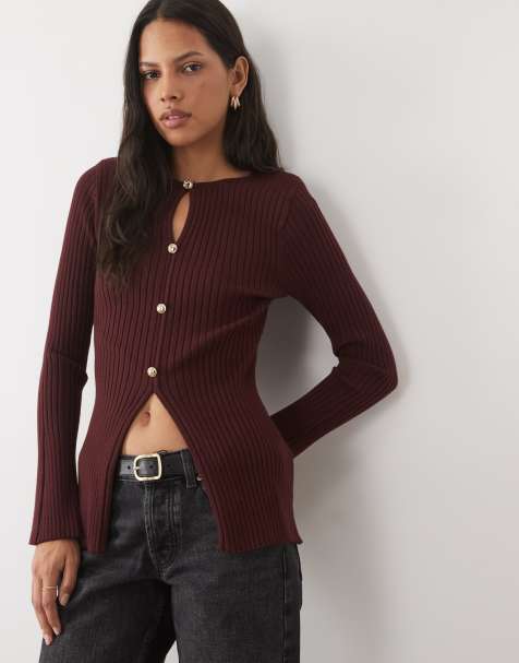 New Look knitted button through top with shoulder pad detail in burgundy
