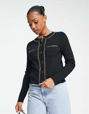 New Look knitted cardigan with chain detail trim in black