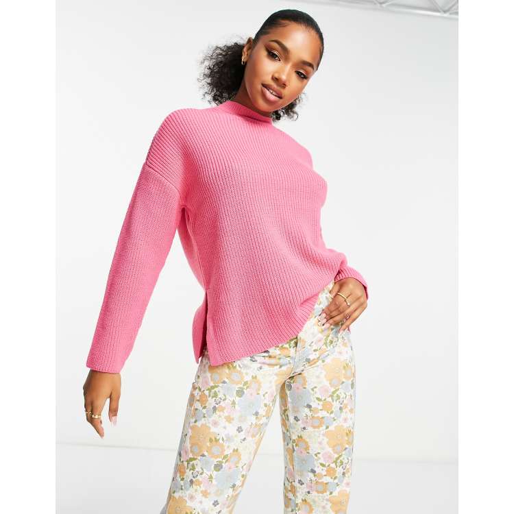 New Look knitted crew neck jumper with side split detail in pink | ASOS