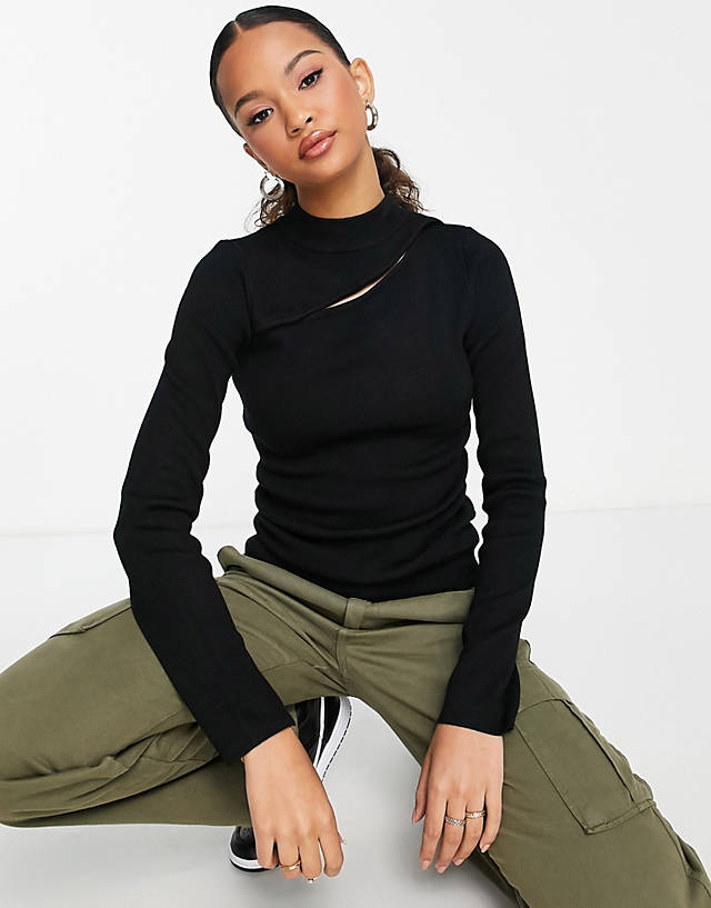 New Look - knitted cut out crew neck long sleeved top in black